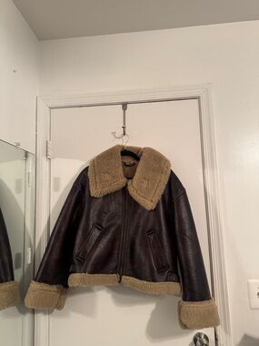 Amazon Brown Bomber Jacket with Tan Shearling Trim